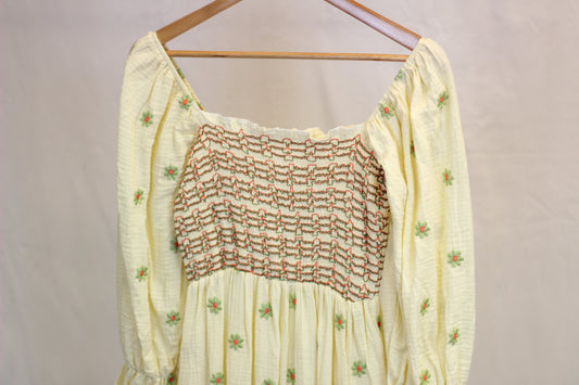 Embroidered Yellow Floral Square Neck Midi Dress