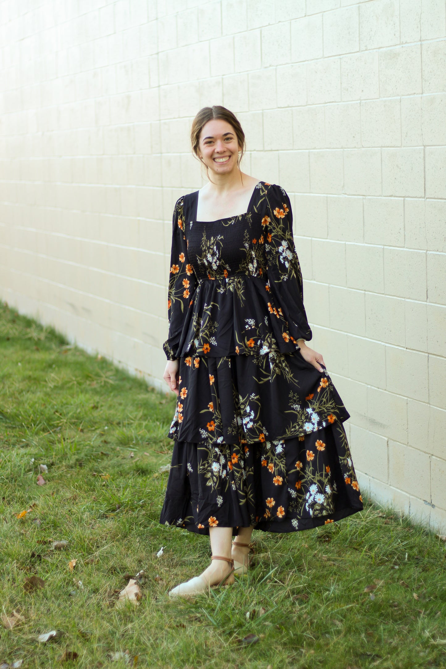 Smocked Floral Tiered Balloon Sleeve Midi Dress