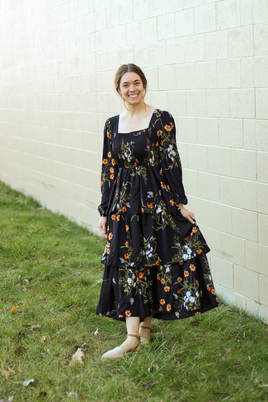 Smocked Floral Tiered Balloon Sleeve Midi Dress