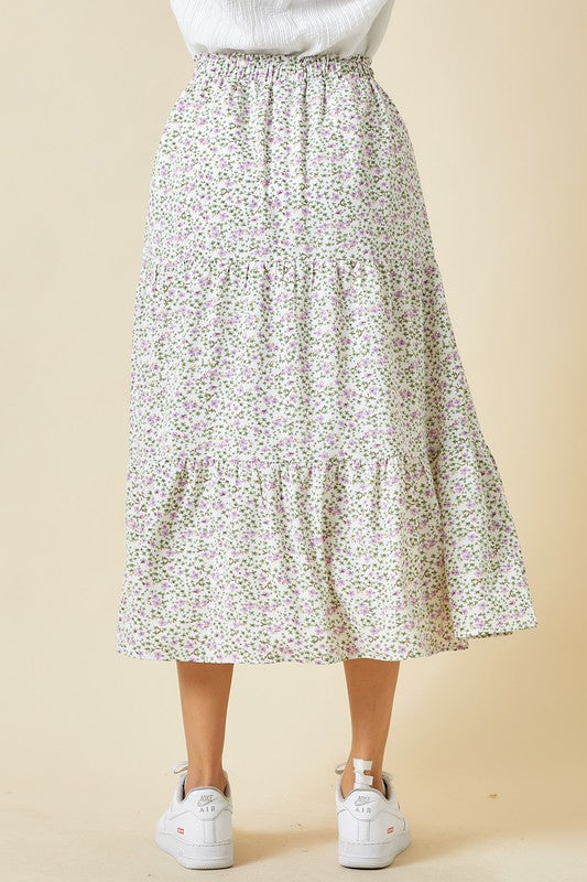 Floral Sage Button Midi Skirt