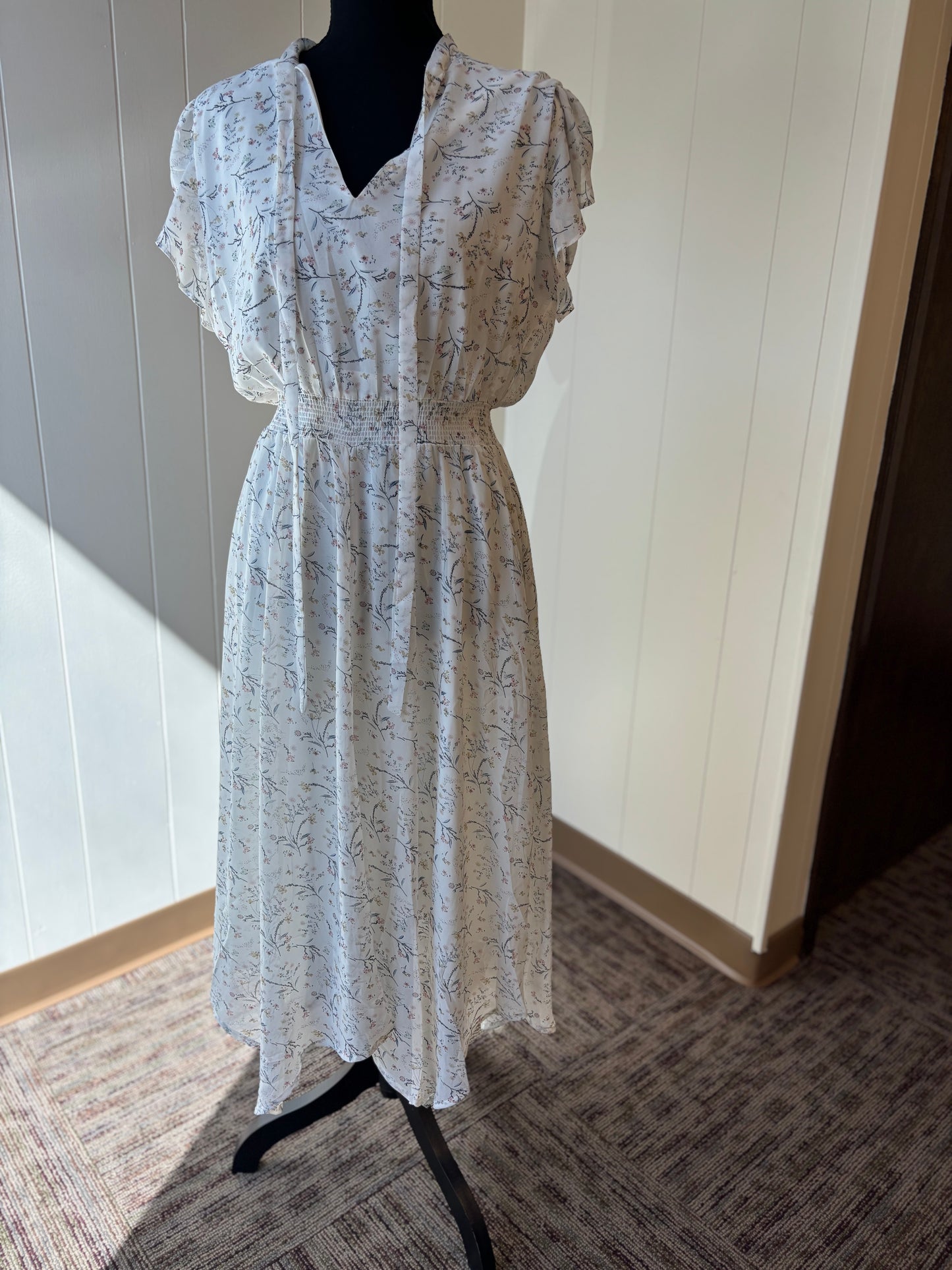 White Cinch Waist Floral Dress