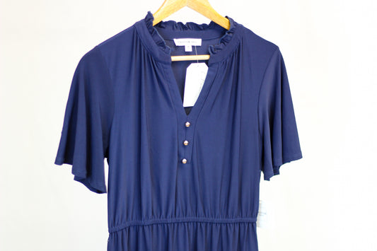 Ruffle Neck Half Placket Short Sleeve Aline Dress