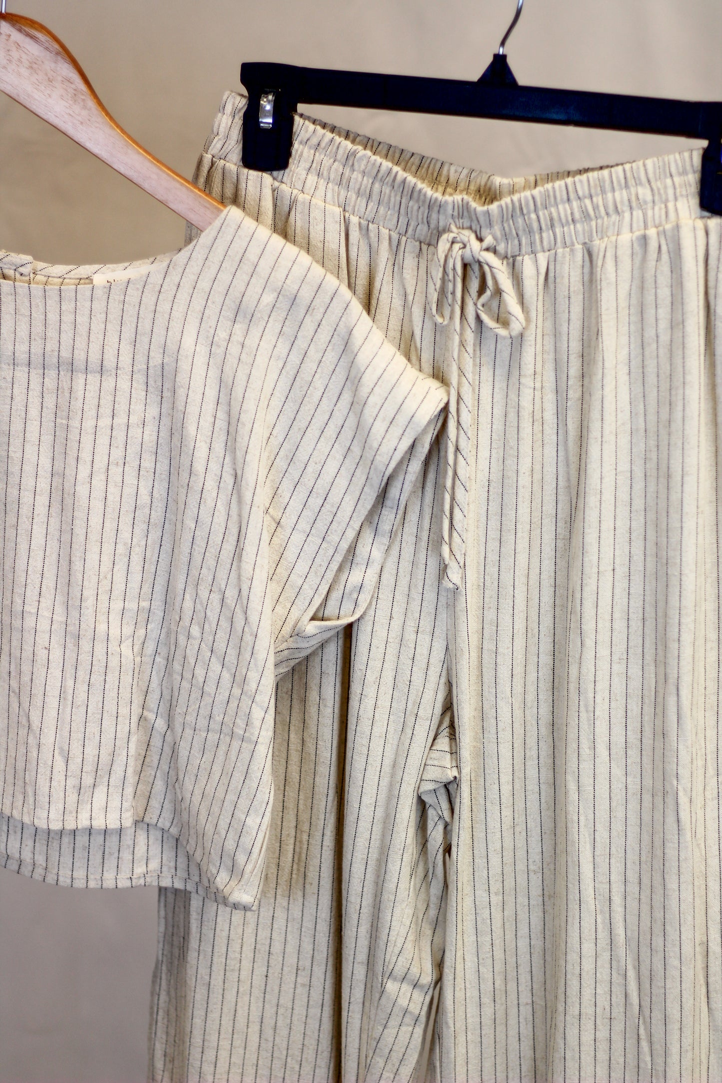 "Aspen" Pinstripe Drawstring Straight Leg Linen Pants