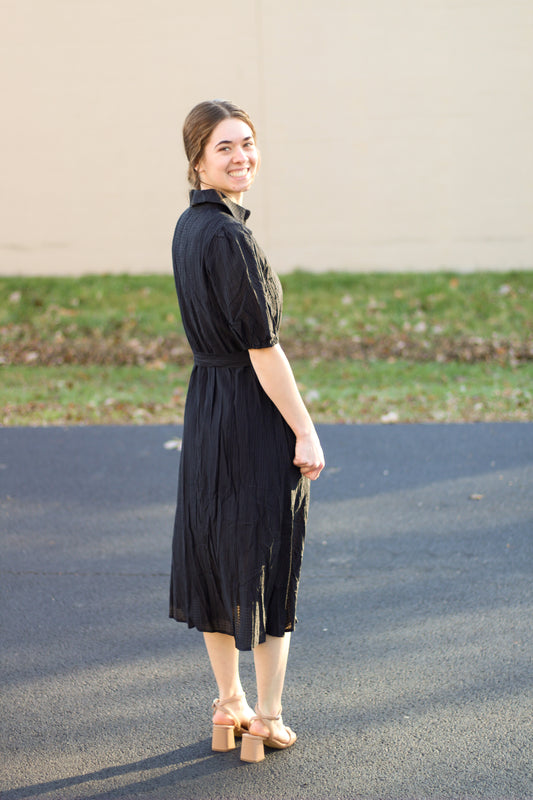 Black Midi V Neck Button Dress