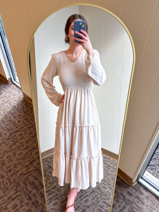 Cream Swiss Dot Smocked Maxi Dress