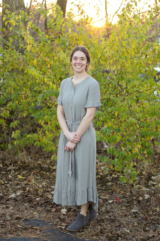 Linen Blend Button Front Ruffled Shirt Dress