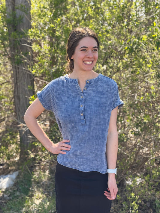 Washed Chambray Henley Top