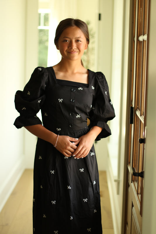 Ribbon Embroidered Square Neck Maxi Dress