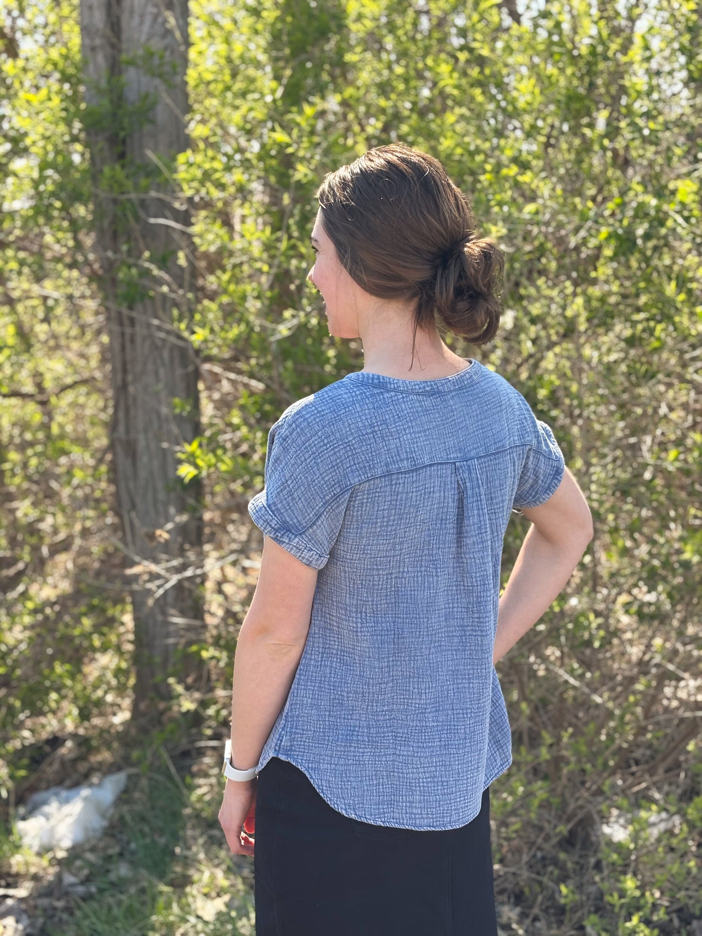 Washed Chambray Henley Top