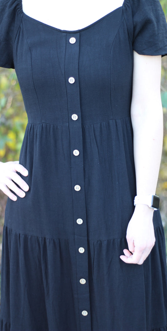 Black V-Neck Button Down Midi Dress