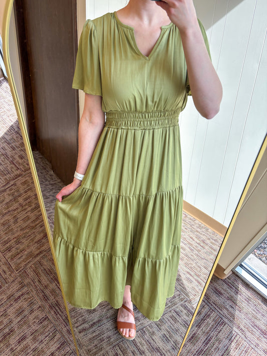 Split Neck Tiered Midi Dress- Olive