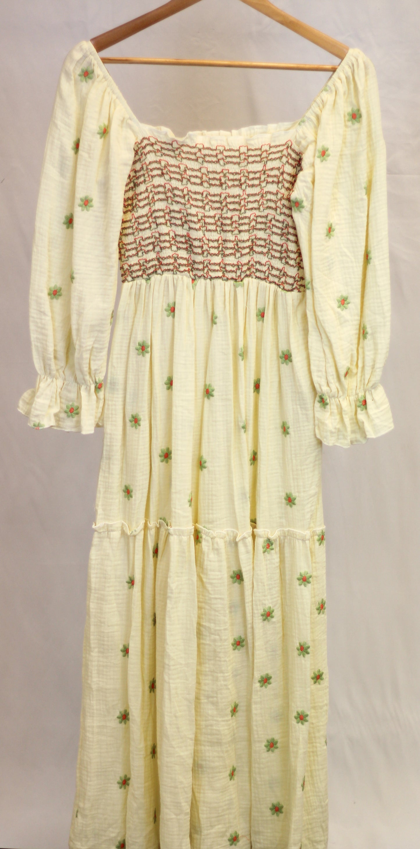 Embroidered Yellow Floral Square Neck Midi Dress