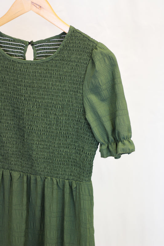 Green Textured Smock Maxi Dress