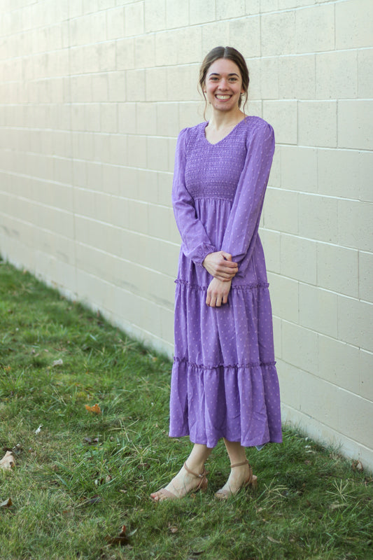 Lilac Swiss Dot Smocked Midi Dress