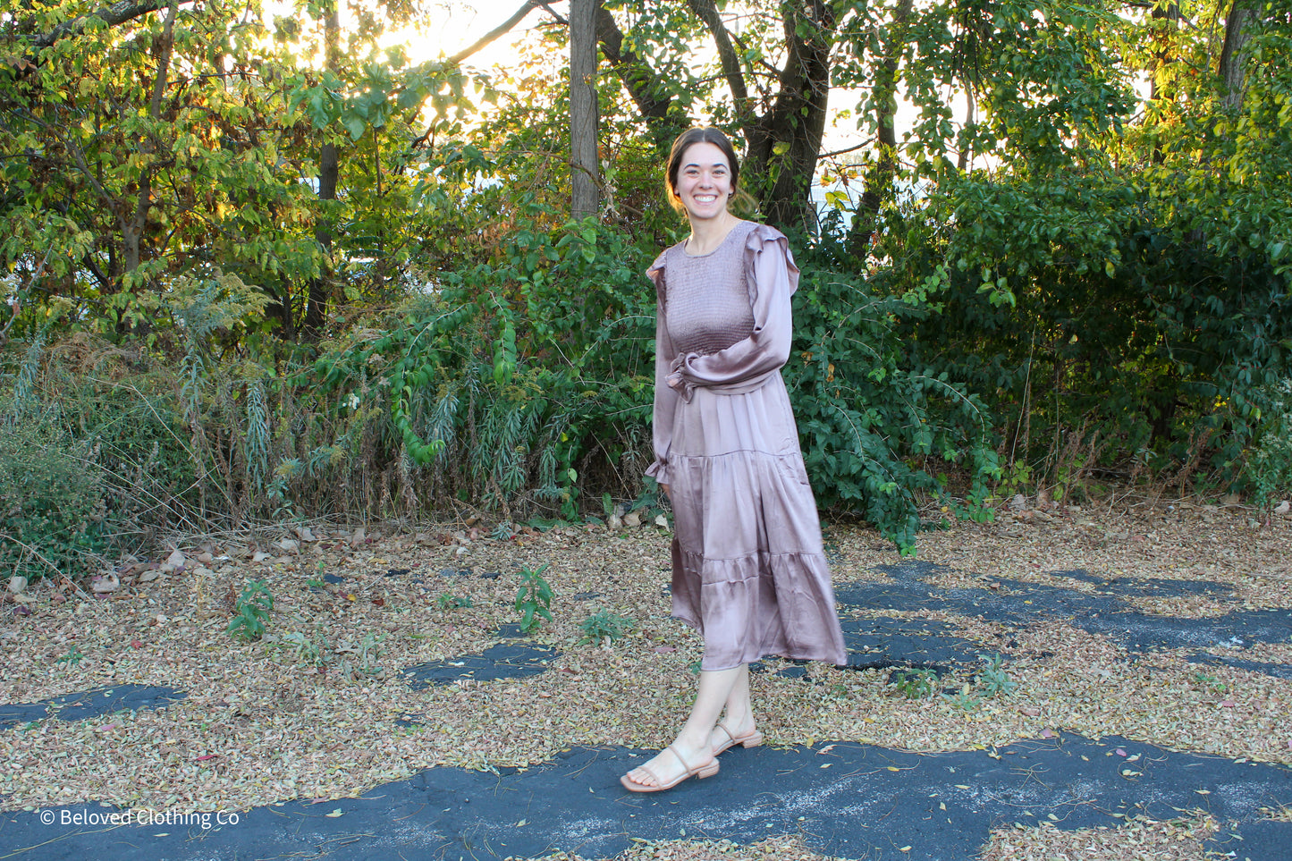 Smocked Satin Ruffle Midi Dress