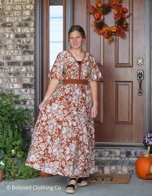 Rustic Floral Lace Trim Maxi Dress