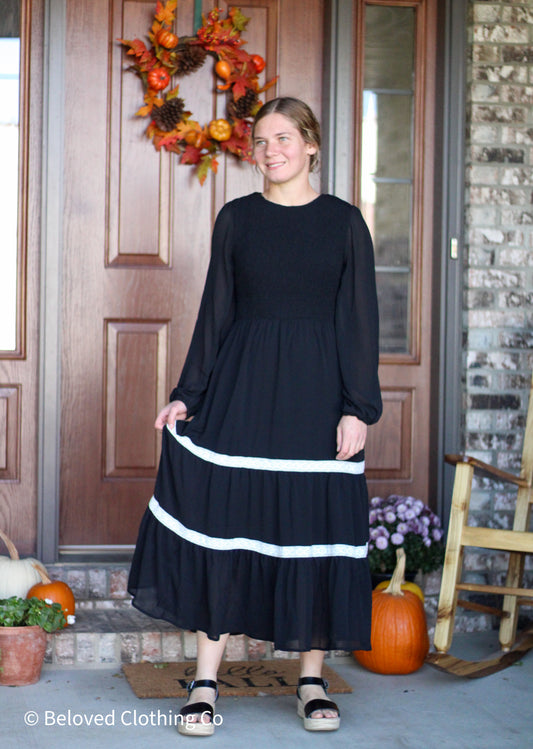Black Tiered Lace Trim Midi Dress