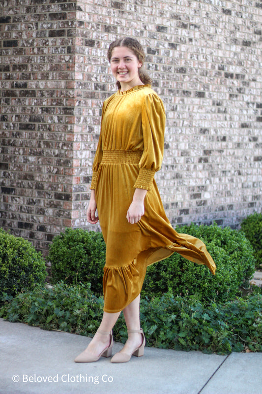 Mustard Velvet Midi Dress