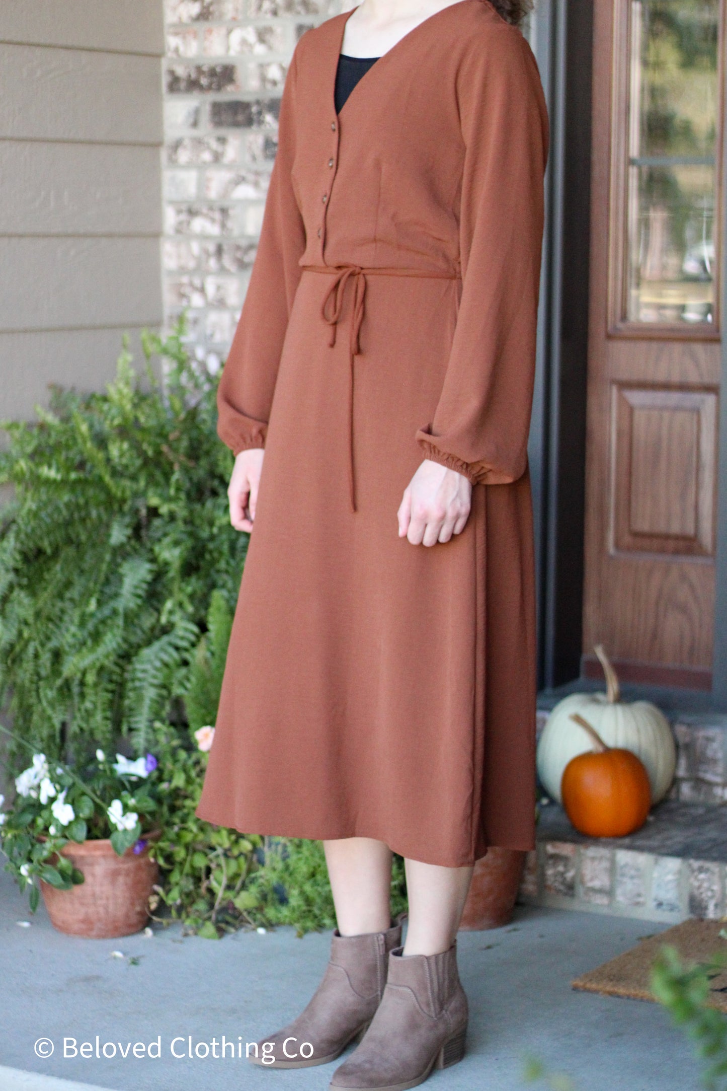 Canyon Clay Long Sleeve Button Front Midi Dress