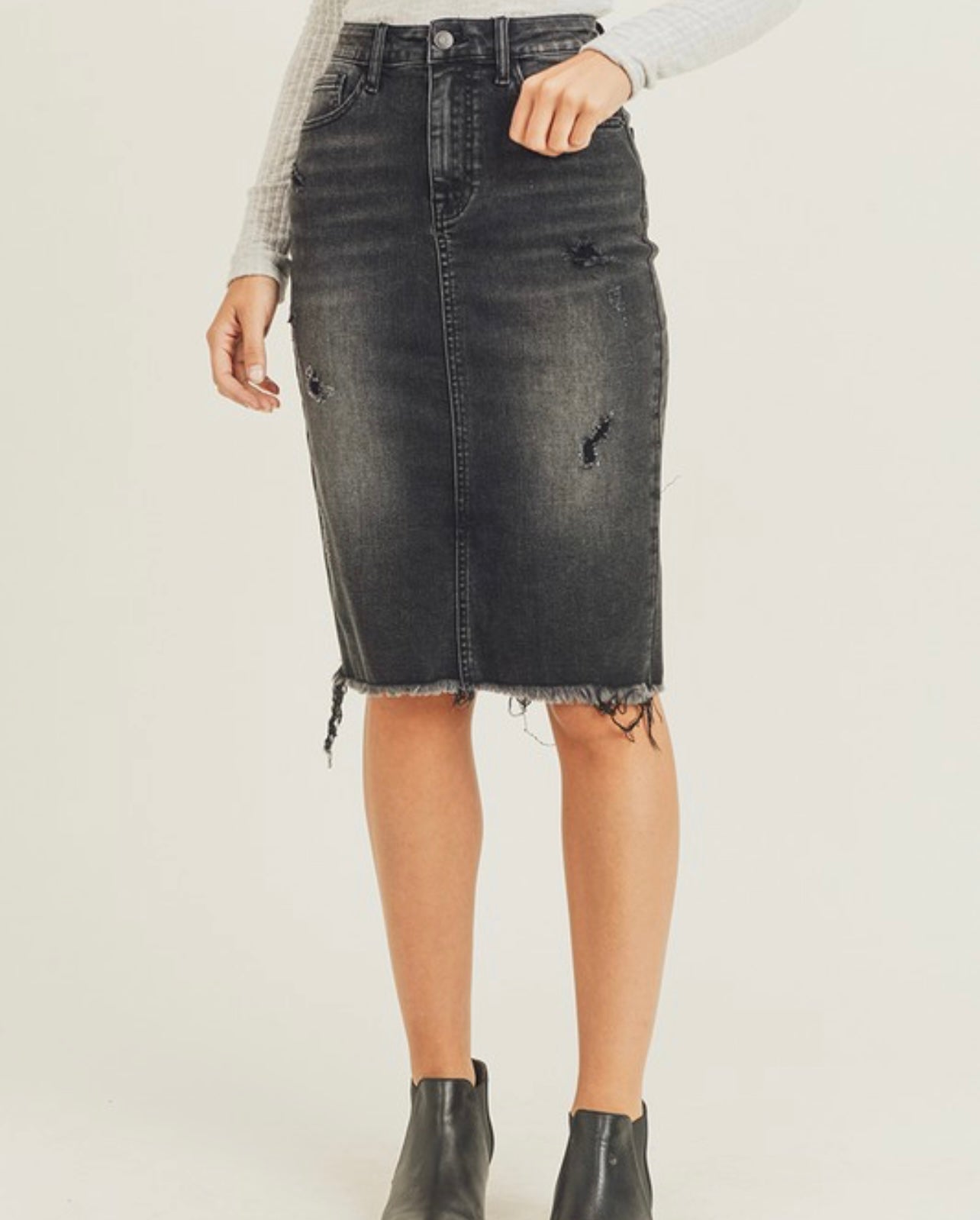 Black Distressed Denim Skirt