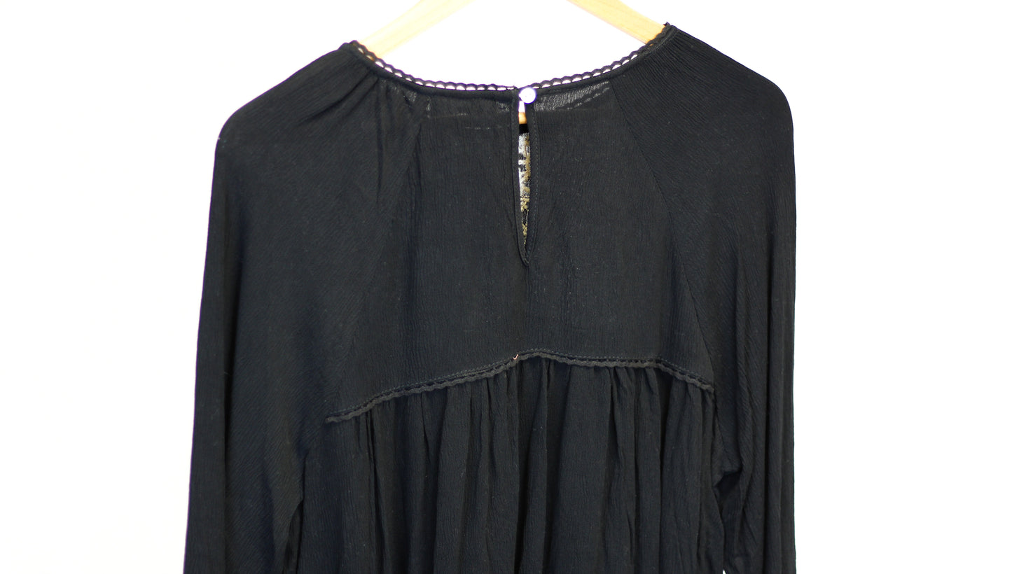 Black Embroidered Long Sleeve Cuff Top