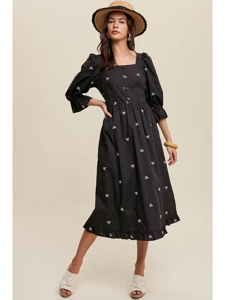 Ribbon Embroidered Square Neck Maxi Dress