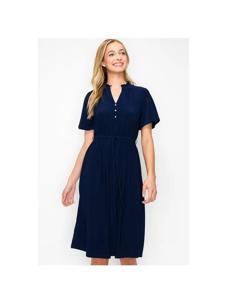 Ruffle Neck Half Placket Short Sleeve Aline Dress