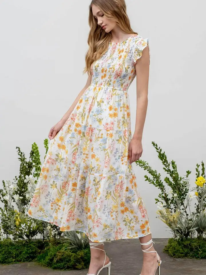 Floral Smocked Ruffle Sleeve Tiered Midi Dress
