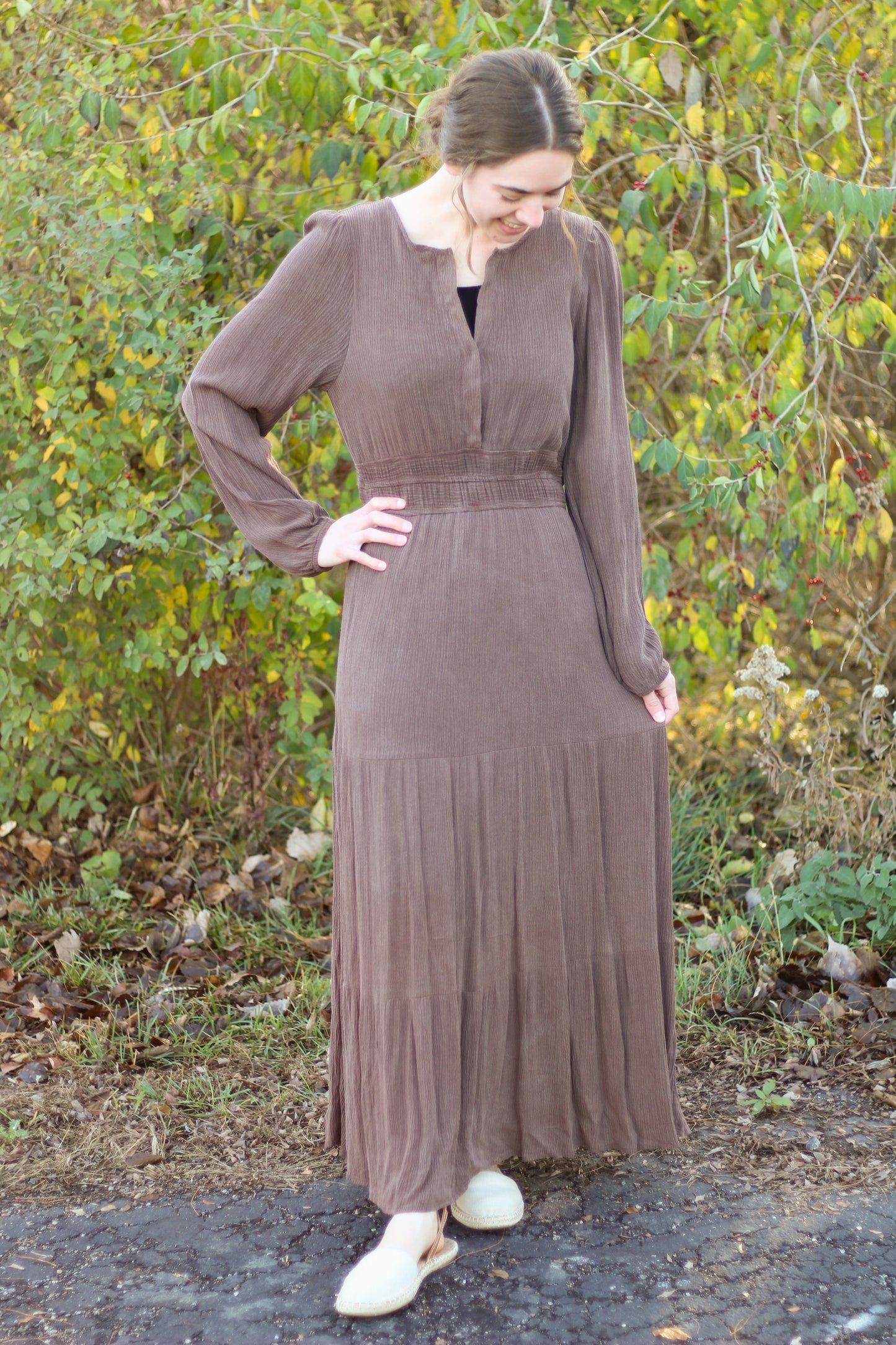 Long Sleeve Placket Detail Maxi Dress