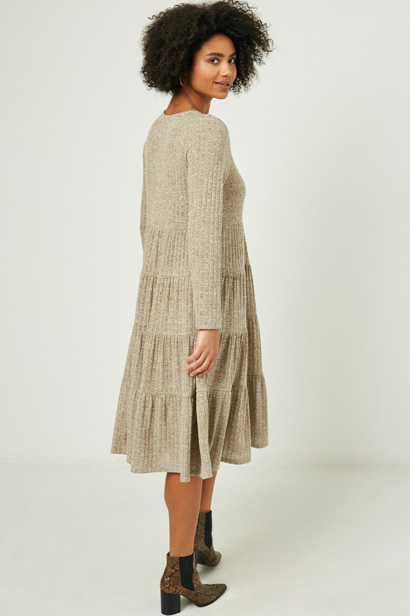 Ribbed Long Sleeve Sweater Tiered Midi Dress