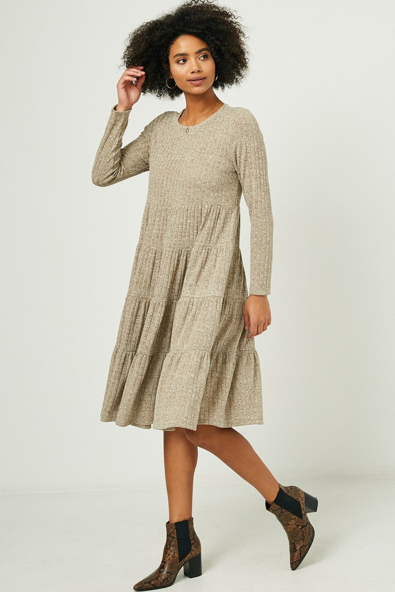 Ribbed Long Sleeve Sweater Tiered Midi Dress