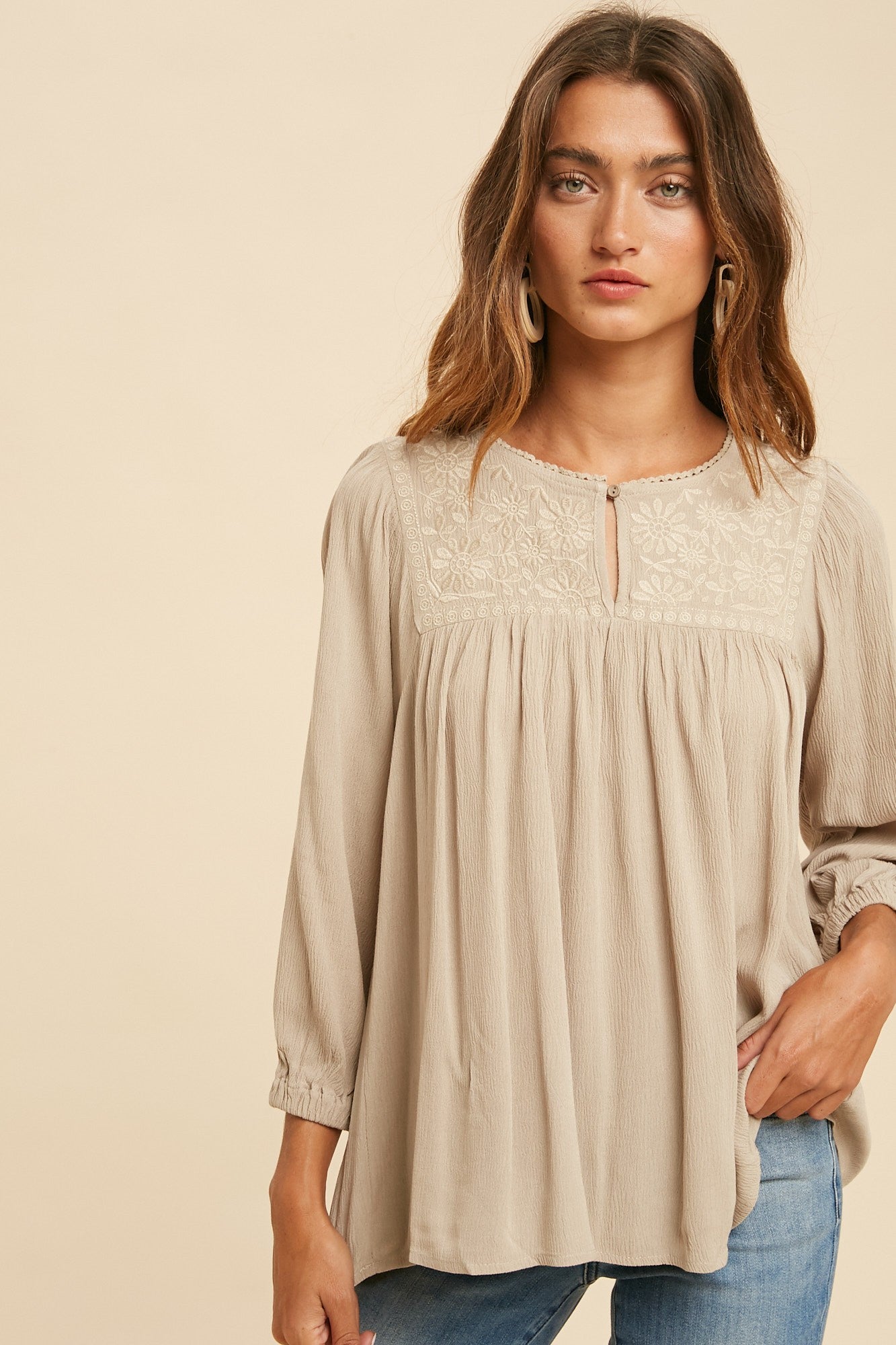 Taupe Floral Embroidered Top