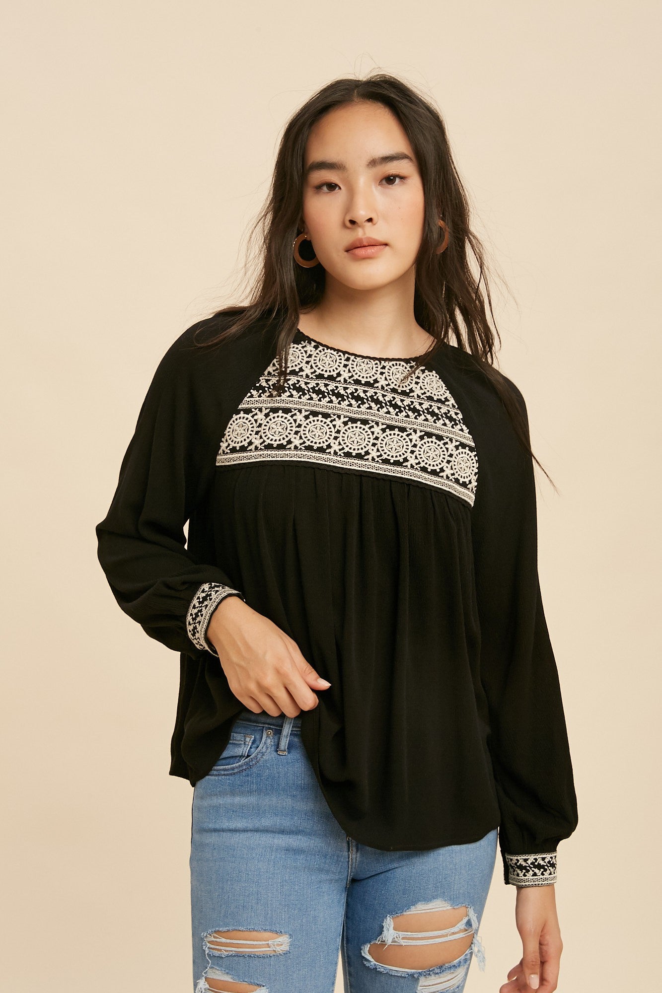 Black Embroidered Long Sleeve Cuff Top