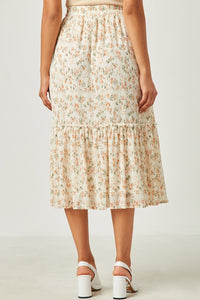 Womens Crinkle Textured Floral Ruffle Midi  Skirt