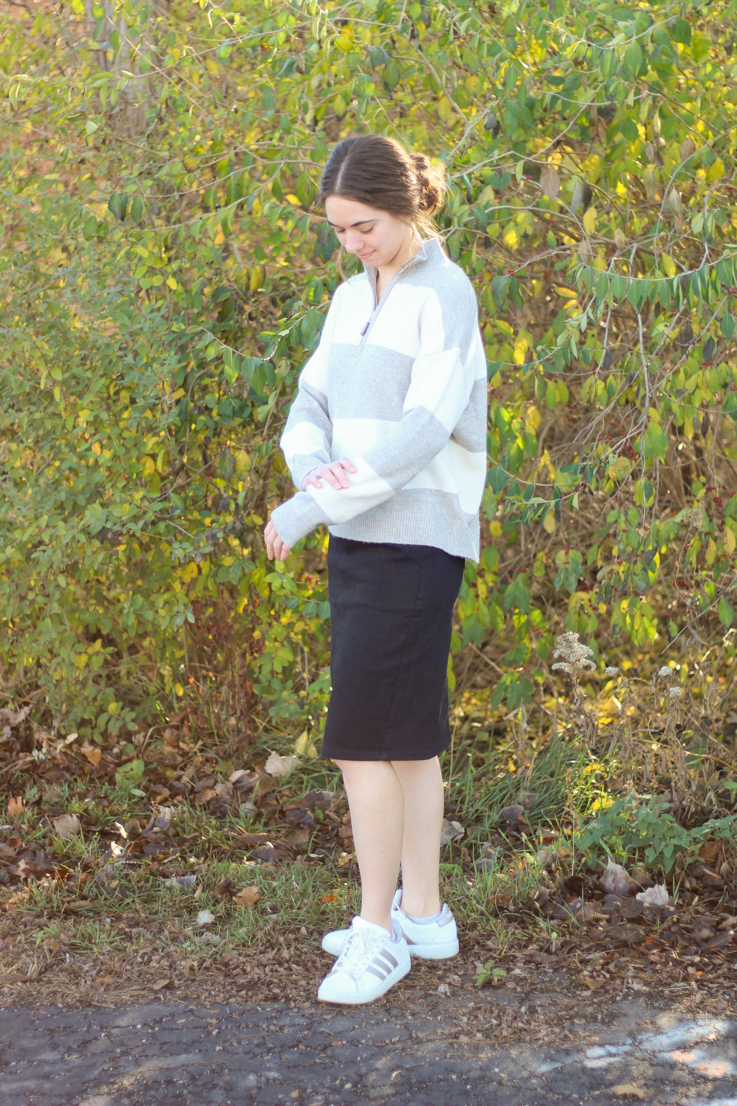 Striped Leather Tug Pullover Sweater