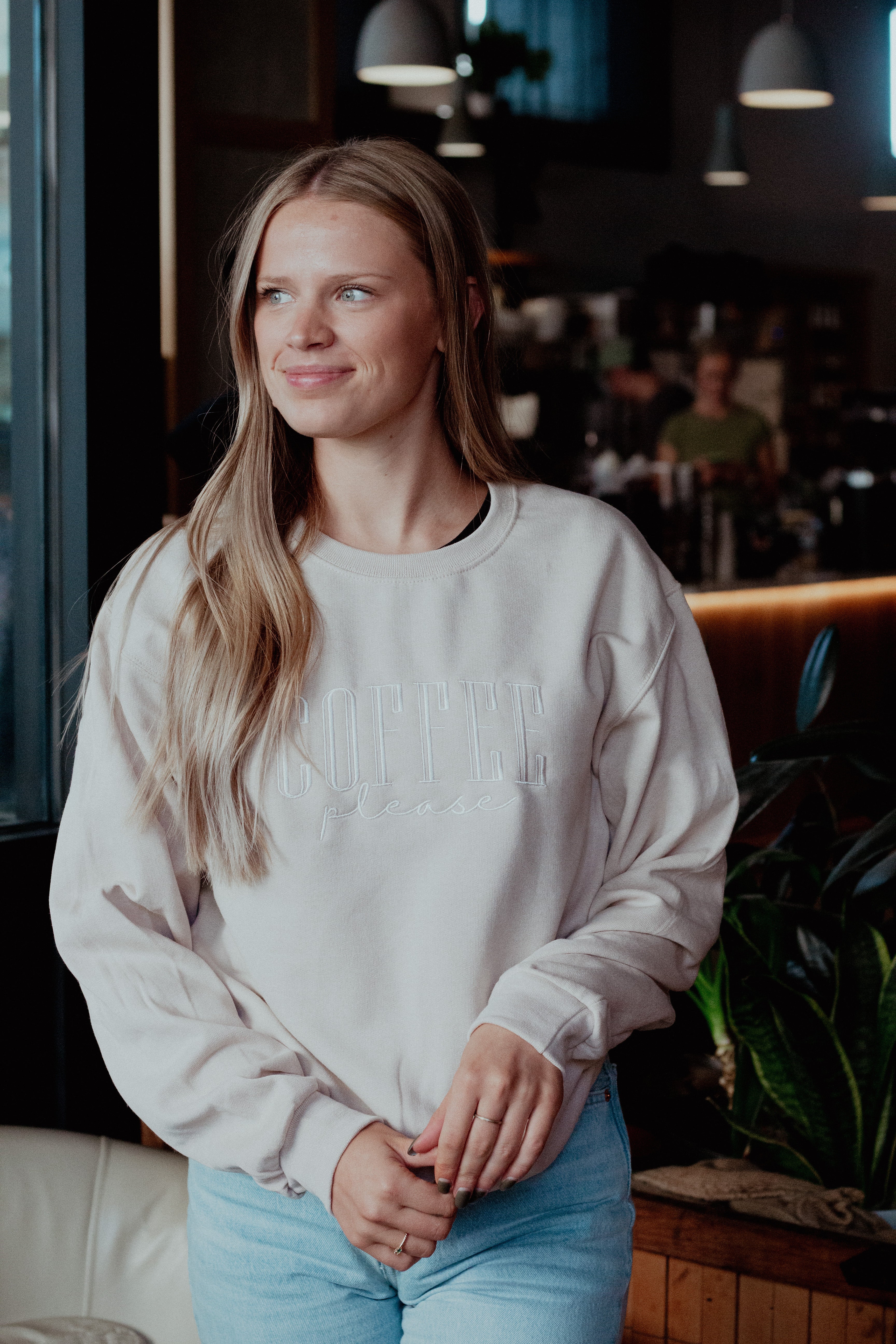 Embroidered "Coffee Please" Crewneck