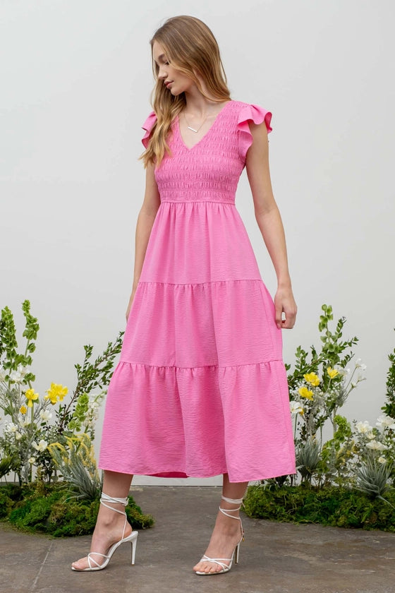 Pink Flutter Sleeve Midi Dress