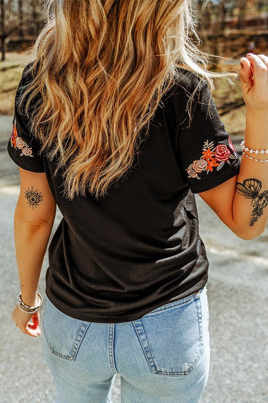 Floral Embroidered Black Top