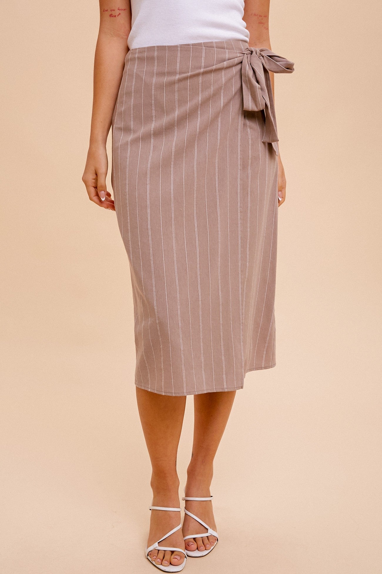 Linen Striped Side Tie Midi Skirt