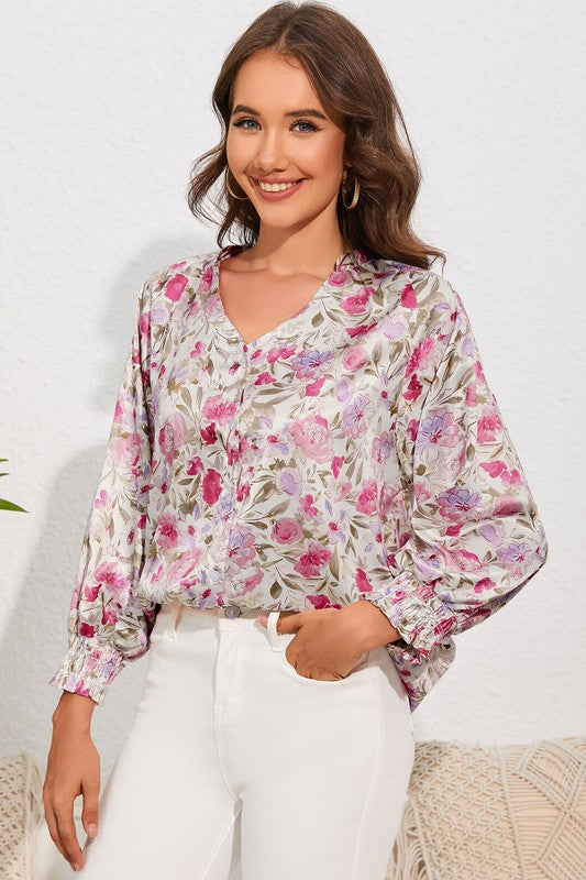 Floral Print Buttoned Puff Sleeve Shirt
