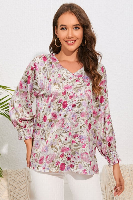 Floral Print Buttoned Puff Sleeve Shirt