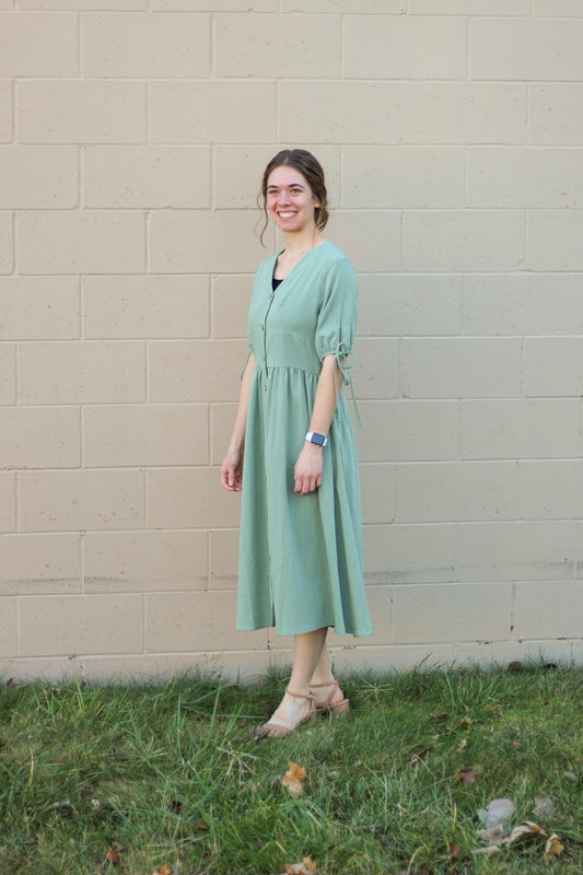 Sage Button V-Neck Linen Dress