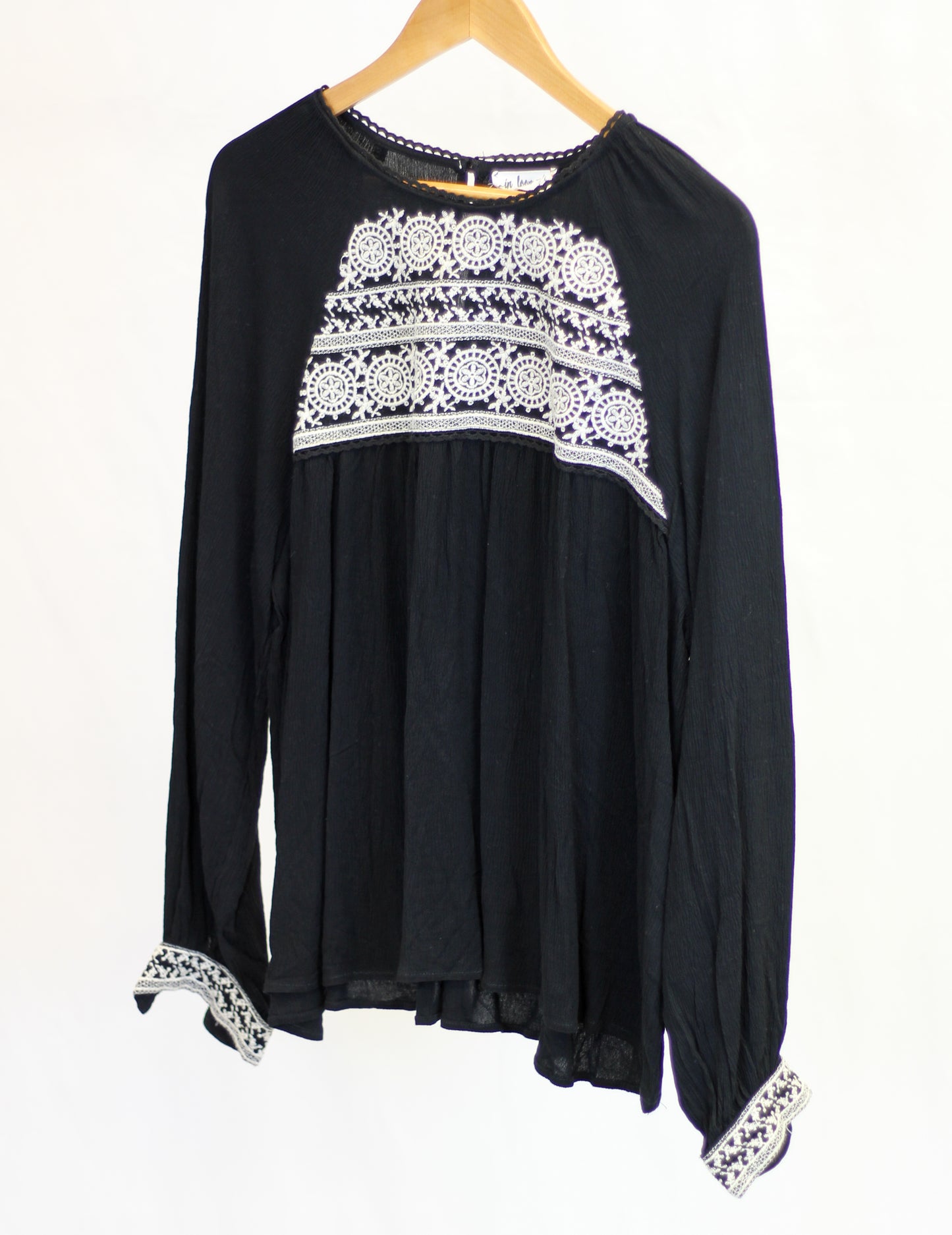 Black Embroidered Long Sleeve Cuff Top