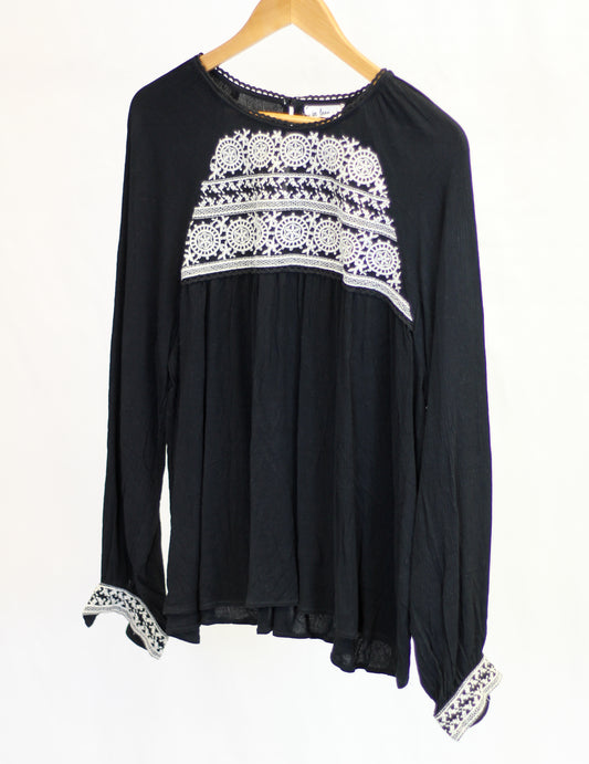 Black Embroidered Long Sleeve Cuff Top