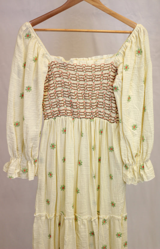 Embroidered Yellow Floral Square Neck Midi Dress