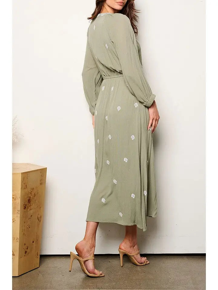 Long Sleeve V-Neck Button Up Embroidery Maxi Dress