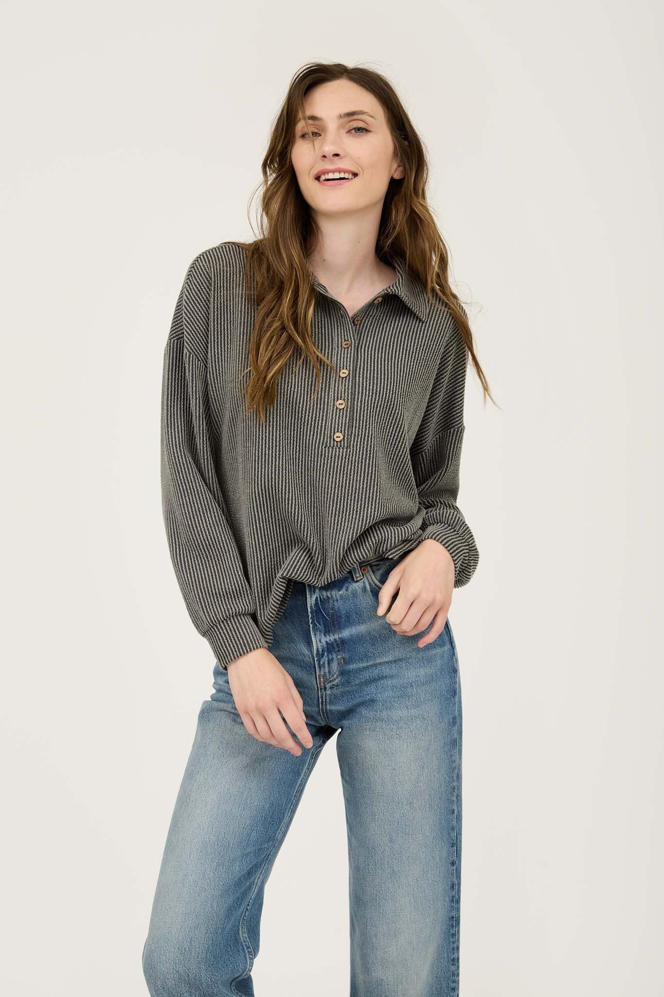 Pinstripe Half Button Top