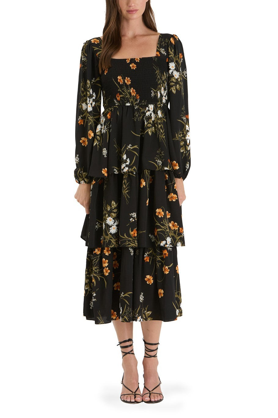 Smocked Floral Tiered Balloon Sleeve Midi Dress