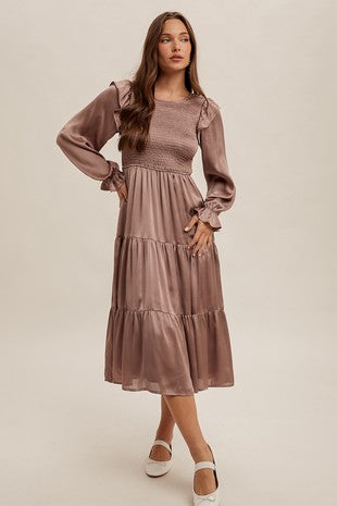 Smocked Satin Ruffle Midi Dress