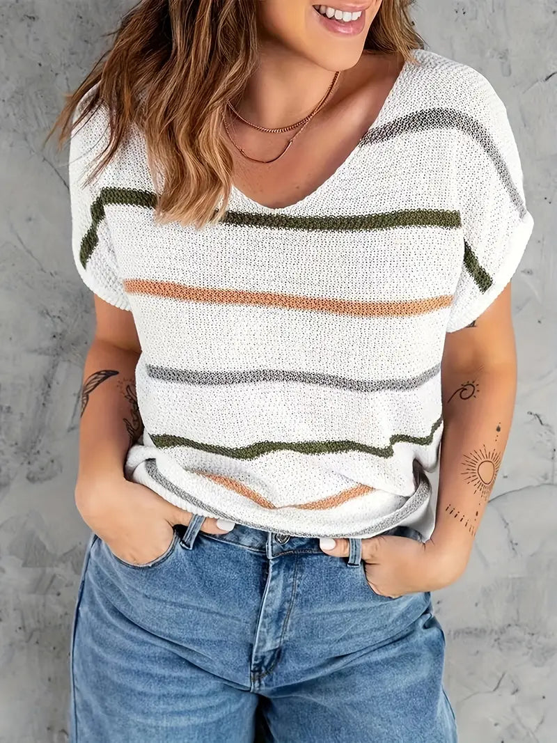 Striped Print Short Sleeve Pullover Sweater
